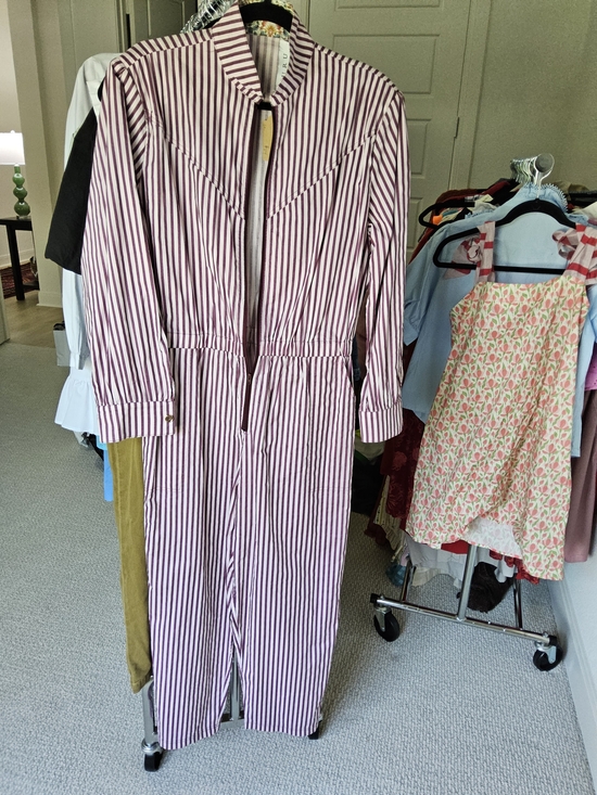 Buru Pants - Buru Striped Zip-Front Jumpsuit in Burgundy and White|| Size Large